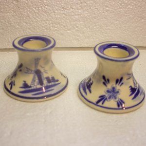 Set of 2 Blue and White Holland Windmill Candle Holders
